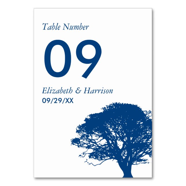 Blue Oak Tree, Rustic & Minimalistic Wedding Table Number (Front)