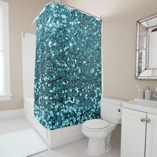 Blue Ocean Aqua Faux Glitter Sequin Glam Shower Curtain