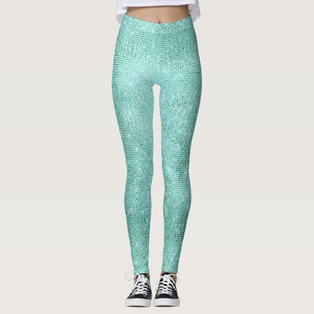 Blue Ocean Beach Aqua Metallic Diamond Sparkly Leggings (Front)