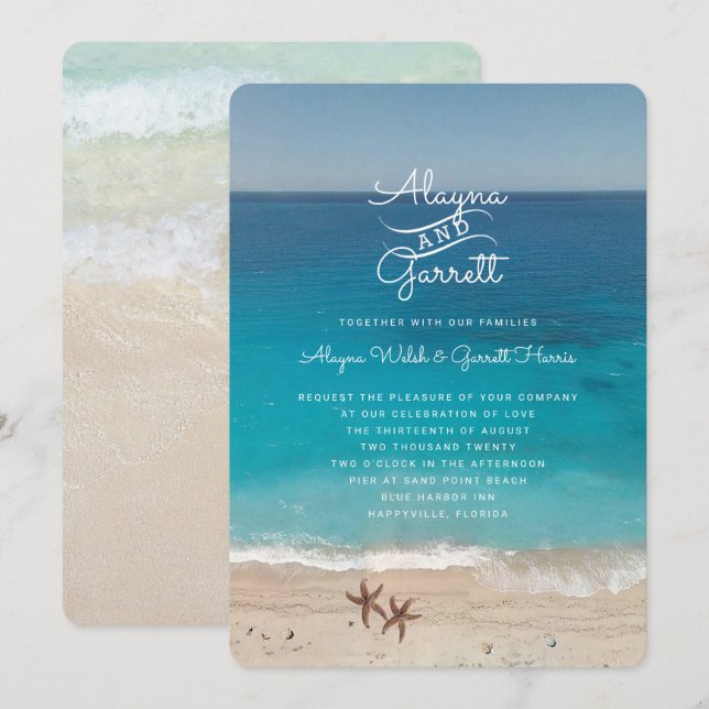 Blue Ocean Beach Ceremony Wedding Invitation (Front/Back)