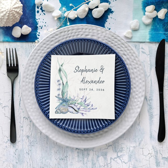 Blue Ocean Beach Seashells Watercolor Wedding Napkins (Creator Uploaded)