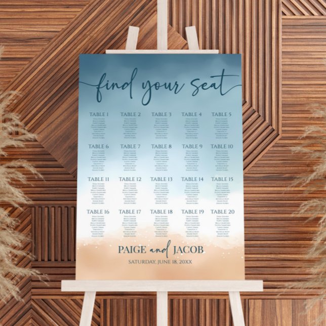 Blue Ocean Beach Shore Sand Wedding Seating Chart Foam Board (Creator Uploaded)
