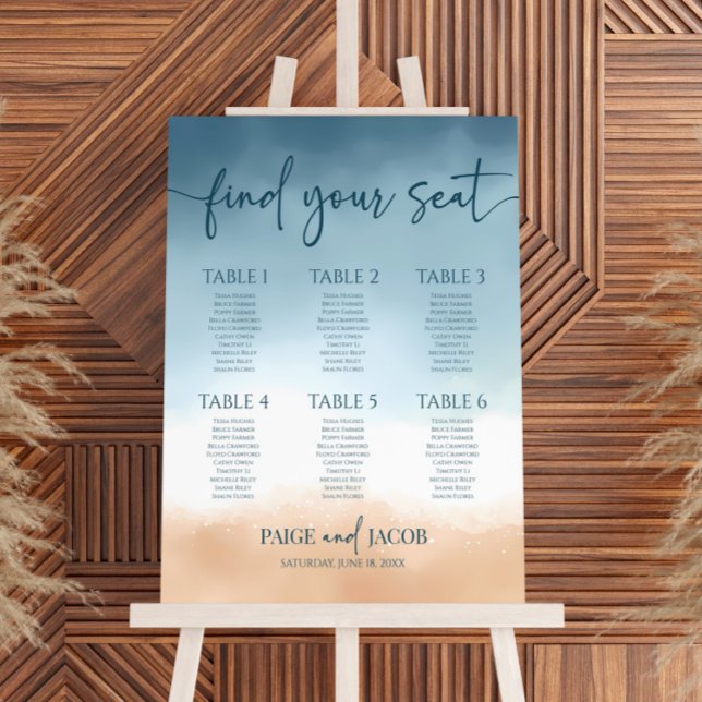 Blue Ocean Beach Shore Sand Wedding Seating Chart Foam Board (Creator Uploaded)