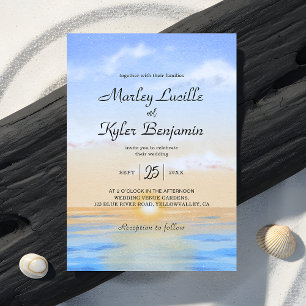 Blue Ocean Beach Sunset Summer Wedding Invitation