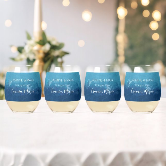Blue Ocean Beach Wedding Custom Names Stemless Wine Glass (Insitu (Wedding))