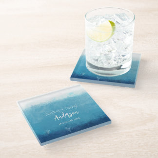 Blue Ocean Beach Wedding Custom Names Wedding  Glass Coaster