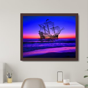 Blue Ocean Beach with Sunset View - Magic Boat Framed Art