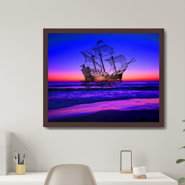 Blue Ocean Beach with Sunset View - Magic Boat Framed Art (Home Office)