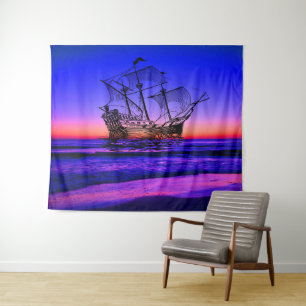 Blue Ocean Beach with Sunset View - Magic Boat Tapestry
