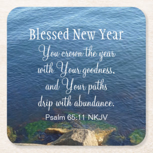 Blue Ocean Blessed New Year Christian Bible Verse Square Paper Coaster