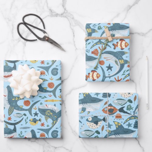 Blue Ocean Children Shark Boy Birthday Party Wrapping Paper Sheets