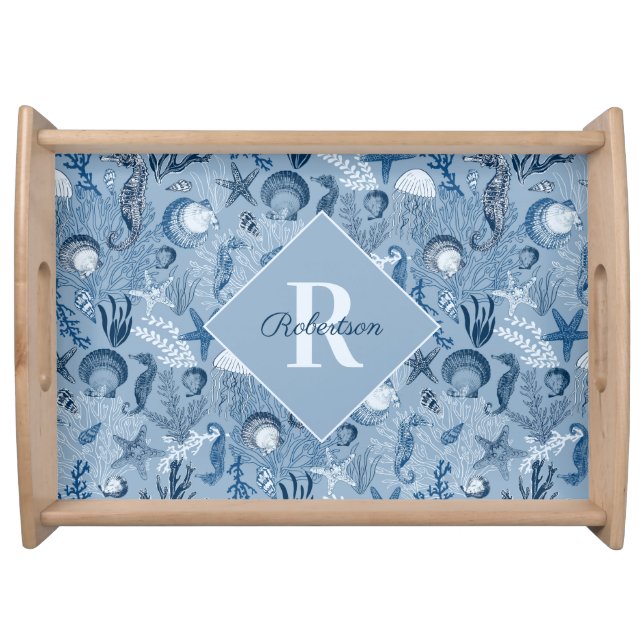 Blue Ocean Coastal Monogram Serving Tray (Front)