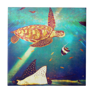 Blue Ocean Colorful Sea Turtle Painting Ceramic Tile