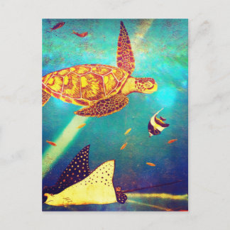 Blue Ocean Colorful Sea Turtle Painting Postcard