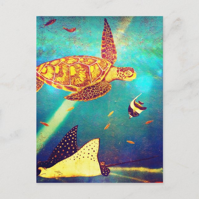 Blue Ocean Colorful Sea Turtle Painting Postcard (Front)