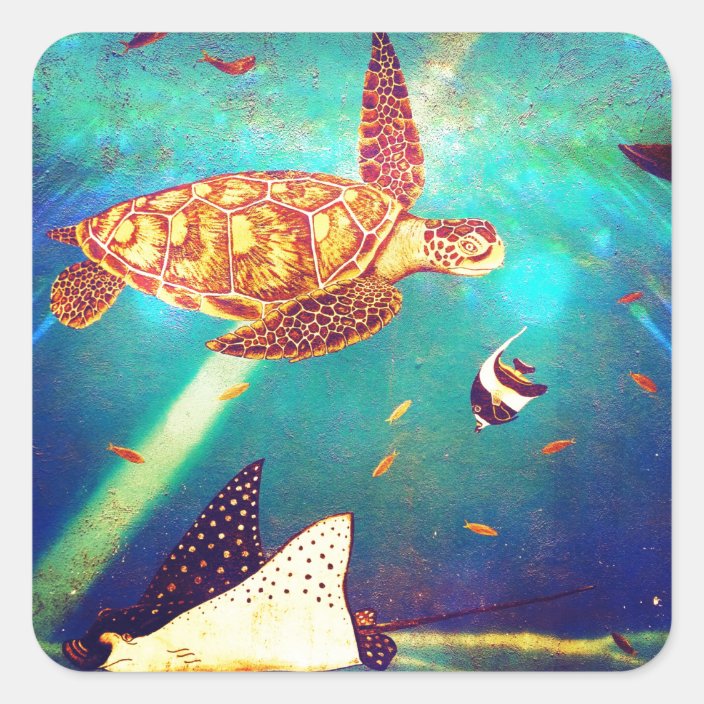 Blue Ocean Colorful Sea Turtle Painting Square Sticker Zazzle Com
