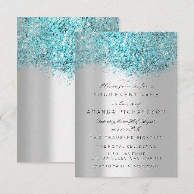 Blue Ocean Confetti Silver Gray Bridal Sweet 16th Invitation (Front/Back)