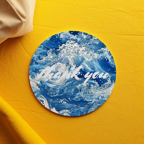 Blue ocean crashing waves thank you classic round sticker