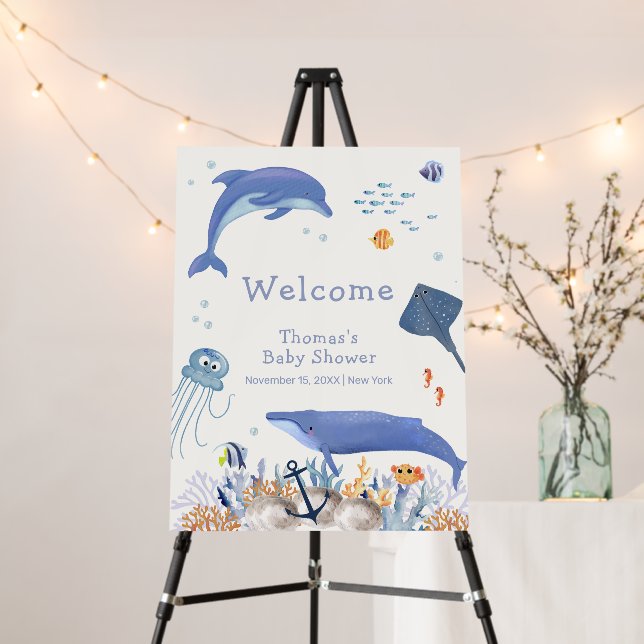 Blue Ocean Dolphin Whale Baby Shower Welcome Sign (In Situ (Stand))