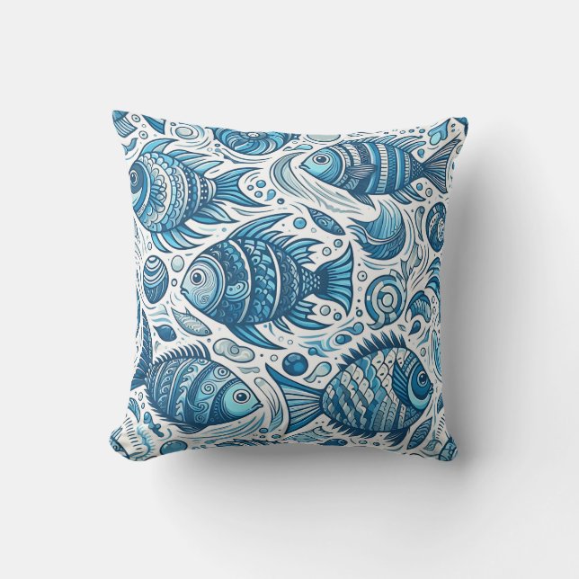 Blue Ocean Fish Pattern Throw Pillow (Front)