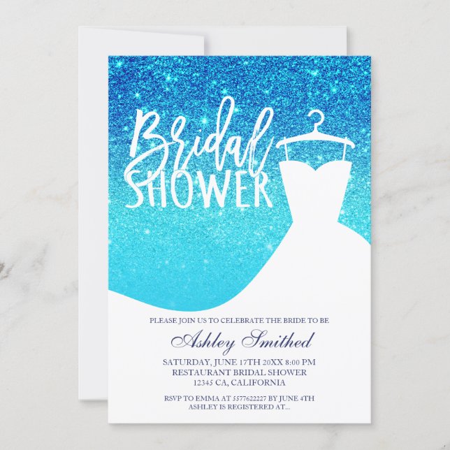 Blue ocean glitter chic dress Bridal shower Invitation (Front)