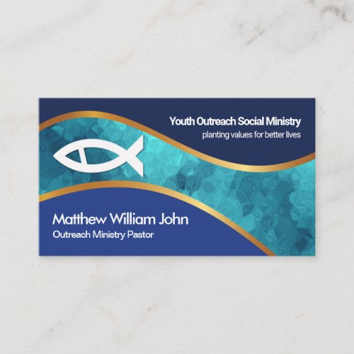 Blue Ocean Gold Wave Ichthus Fish Church Ministry Business Card