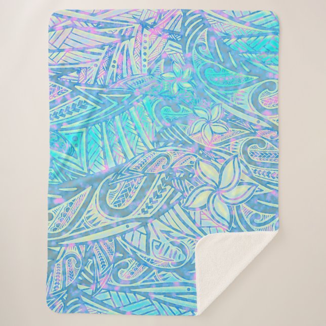 Blue Ocean - Hawaiian - Samoan - Polynesian Tribal Sherpa Blanket (Front)