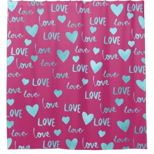 Blue Ocean Hearts Love Turquoise Fuchsia Pink Shower Curtain