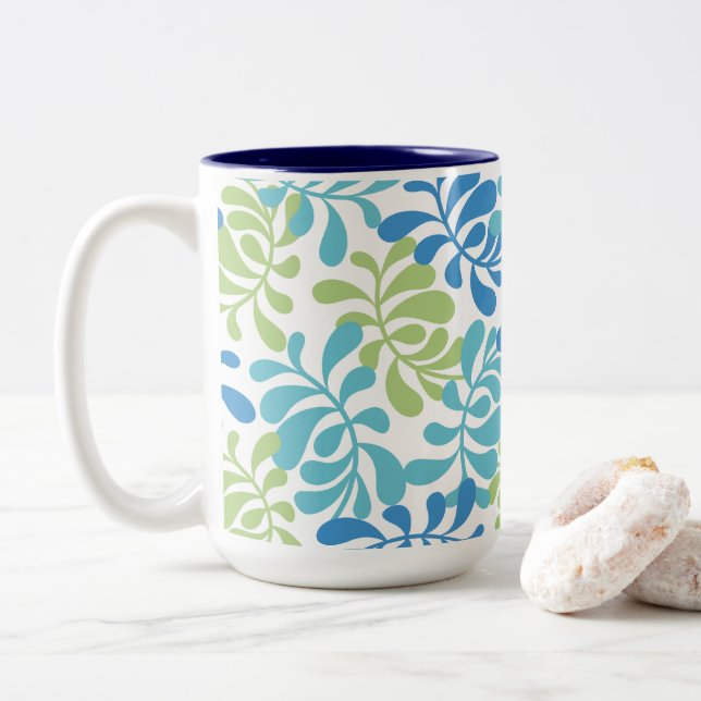 Blue Ocean Leaves Botanical Pattern Two-Tone Coffee Mug (With Donut)