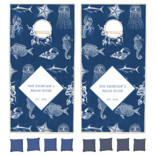 Blue Ocean Marine Animals Pattern Beach House Cornhole Set