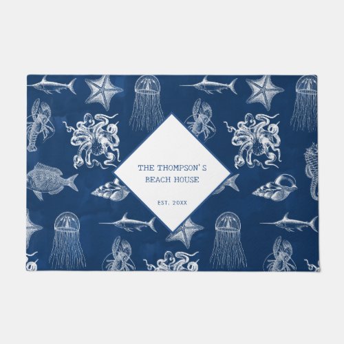 Blue Ocean Marine Animals Pattern Beach House Doormat