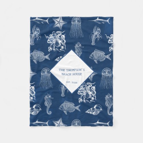 Blue Ocean Marine Animals Pattern Beach House  Fleece Blanket