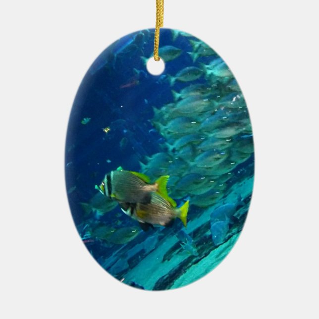 Blue Ocean Marine School of Fish  Ceramic Ornament (Front)