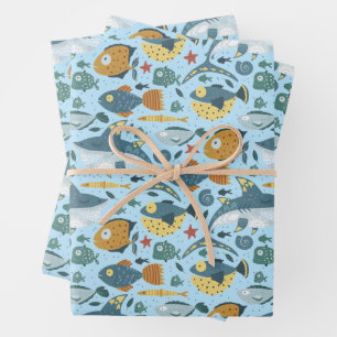 Blue Ocean Marine Shark Sea Fish Seamless Pattern Wrapping Paper Sheets