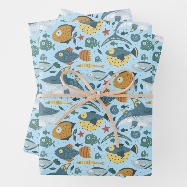 Blue Ocean Marine Shark Sea Fish Seamless Pattern Wrapping Paper Sheets (In situ)