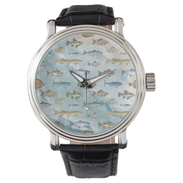 Blue Ocean Nautical Seascape Fishes Watch (Front)