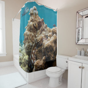 Blue ocean octopus coral shower curtain