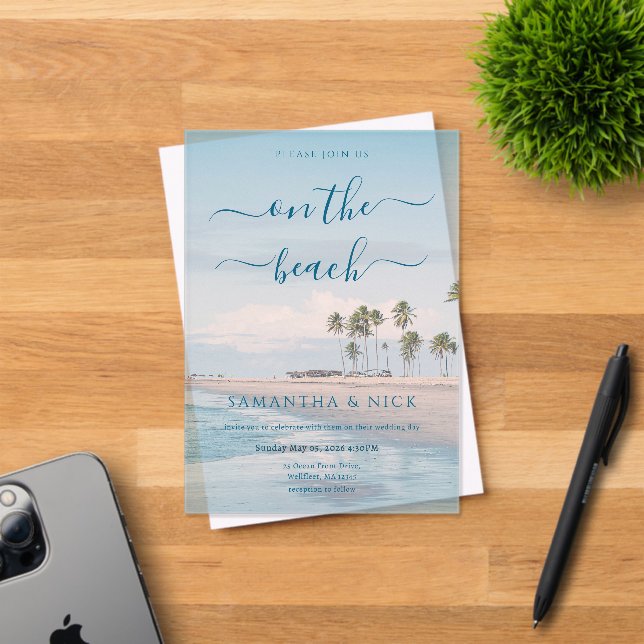 Blue Ocean Palm Tree Beach Wedding Acrylic Invitations (Insitu (Invitation Card))