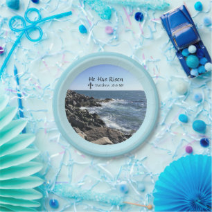Blue Ocean Photo He Has Risen Easter Bible Verse  Paper Plates