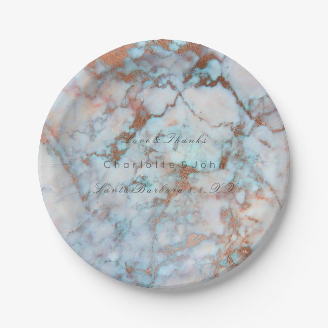 Blue Ocean Pink Brush Rose Gold Marble Wedding Vip Paper Plates (Front)