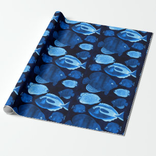 Blue Ocean Reef Fish Pattern Watercolor Wrapping Paper