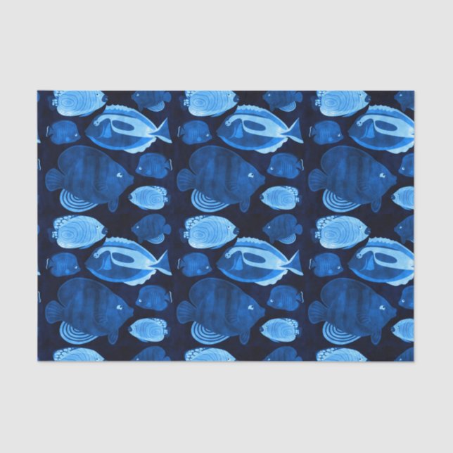 Blue Ocean Reef Watercolor Fish Pattern Tissue Paper (Front)