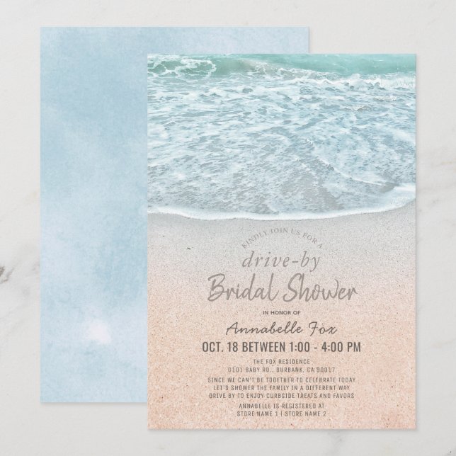 Blue Ocean & Sandy Beach Drive-by Bridal Shower Invitation (Front/Back)