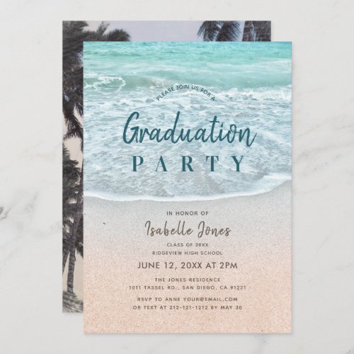 Blue Ocean  Sandy Beach Graduation Invitation
