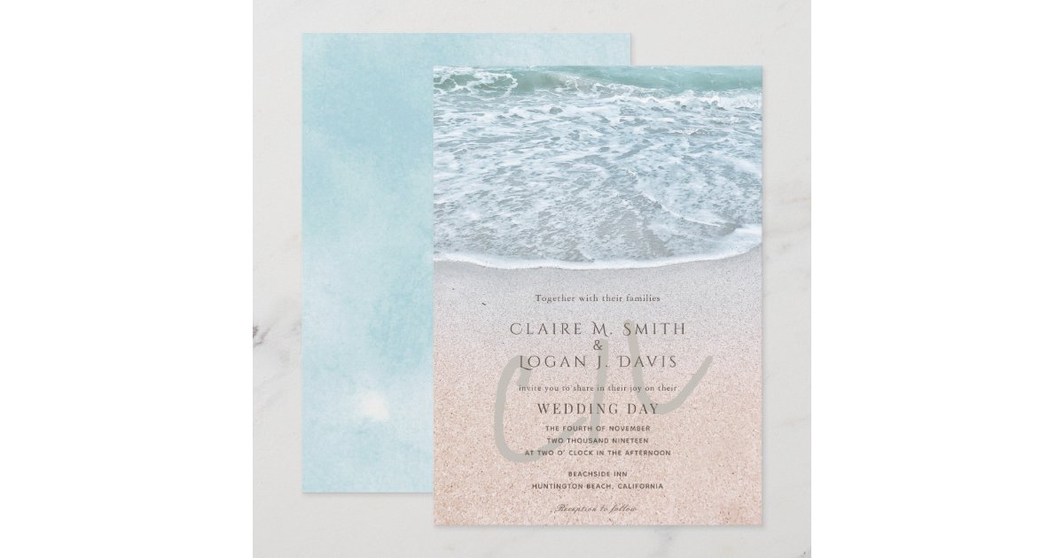 Blue Ocean & Sandy Beach Monogram Wedding Invitation | Zazzle