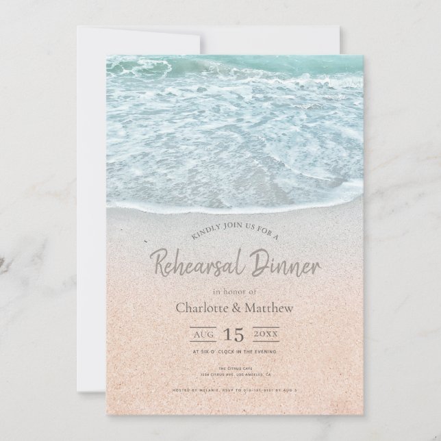 Blue Ocean & Sandy Beach Rehearsal Dinner Invitation (Front)