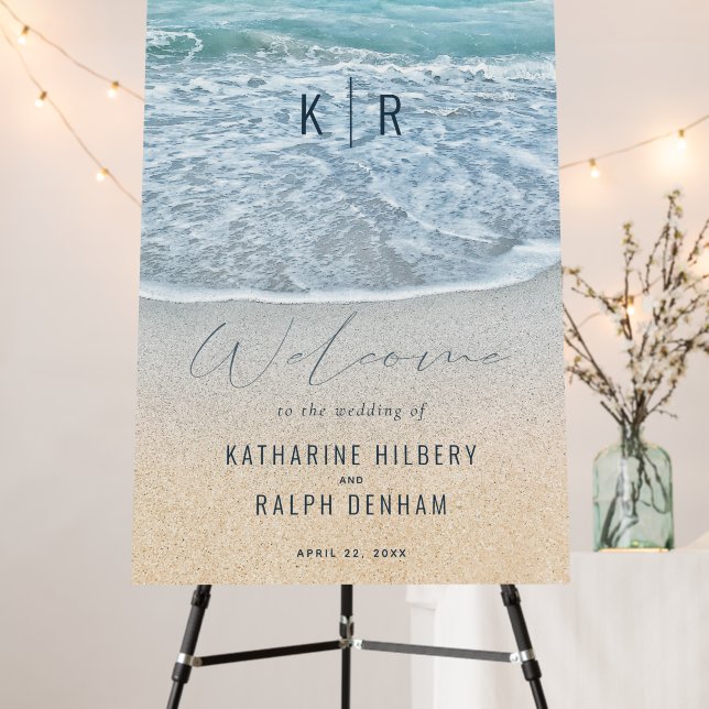 Blue Ocean & Sandy Beach Wedding Welcome Foam Board (In Situ (Stand))