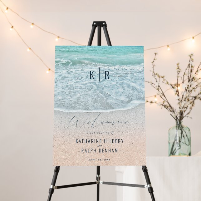 Blue Ocean & Sandy Beach Wedding Welcome Foam Board (In Situ (Stand))