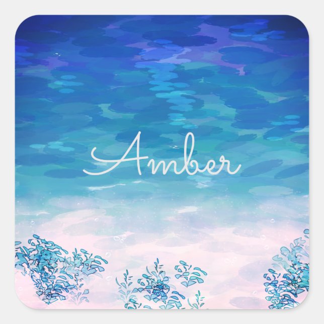 Blue Ocean Sea Beach Personalized Square Sticker (Front)