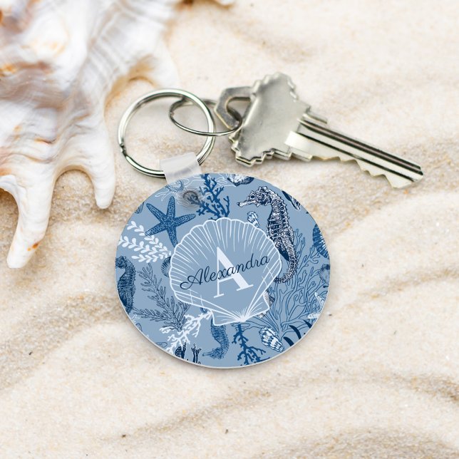 Blue Ocean Sea Life Beach Monogram Keychain (Creator Uploaded)